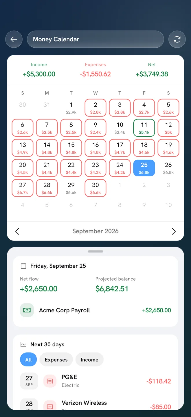 Aurelo’s Money Calendar with projected daily balances and the next 30 days of bills