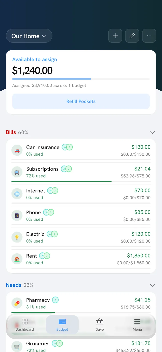 A shared budget in Aurelo with Bills, Needs and Wants pockets